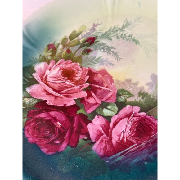 Vintage German Floral Decorative Plate Pink Red Roses 12 Inch - Picture 2 of 6